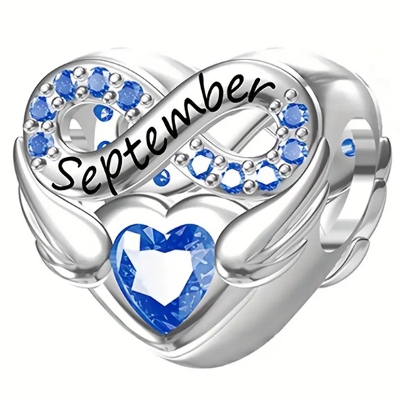 Jewelry - Silver Heart Infinity Charm with Blue Accents Engraved with September